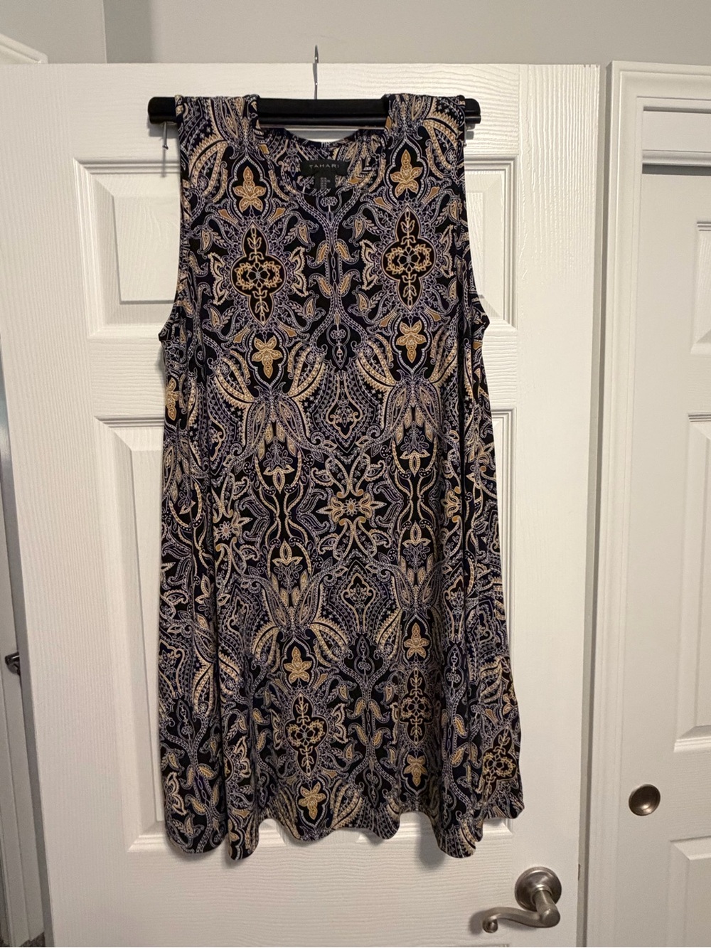 Tahari Black Dress with White and Gold Paisley Print